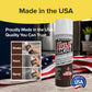 A can of Bull Shot Stainless Steel sits on a table next to an American flag, with "Shake, Point, Spray" instructions. Its streak-free formula and USA-made quality are highlighted for appliance polishing.