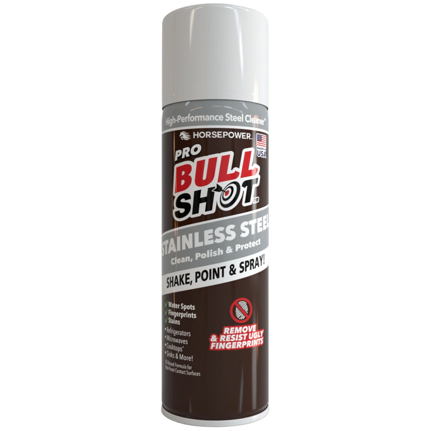 A can of Bull Shot Stainless Steel cleaner with a gray cap and black, red, and silver label removes and resists dust and fingerprints—just shake, point, and spray for spotless appliance surfaces.