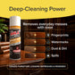 A can of Bull Shot Furniture Polish sits on a wooden table. The label touts its deep-cleaning power to remove dust and fingerprints, leaving wood furniture looking refreshed and renewed.