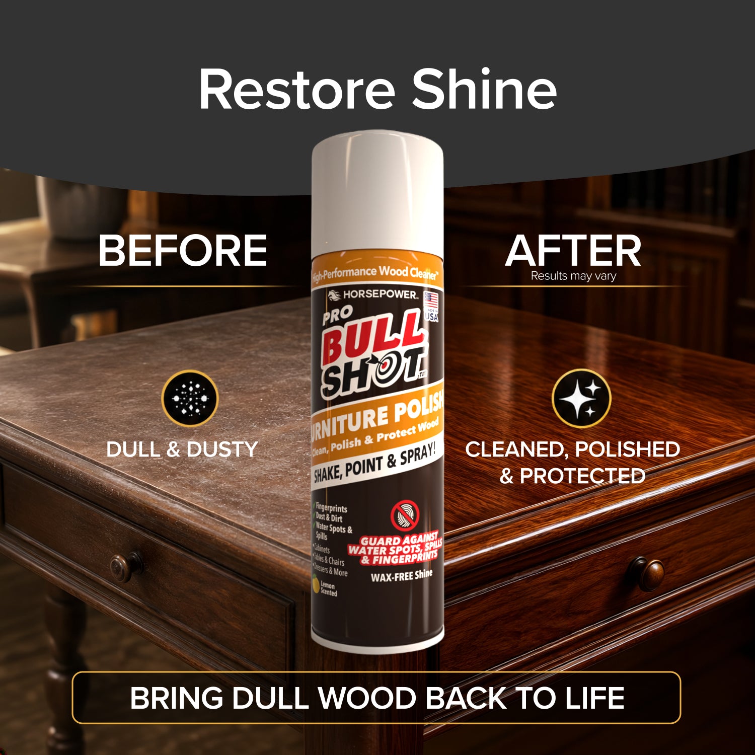 A can of Bull Shot Furniture Polish sits before a wooden table. The left side is dull and dusty (Before); the right is clean and shiny (After). Text highlights its ability to restore shine, protect wood, and remove dust and fingerprints.