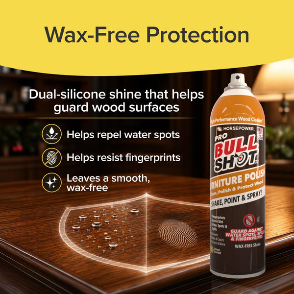 A can of Bull Shot Furniture Polish is displayed on a table. Text highlights its dual-silicone, wax-free formula for cleaning wood, repelling water spots and fingerprints, and leaving a smooth finish. A shield graphic represents protection.
