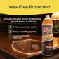 A can of Bull Shot Furniture Polish is displayed on a table. Text highlights its dual-silicone, wax-free formula for cleaning wood, repelling water spots and fingerprints, and leaving a smooth finish. A shield graphic represents protection.