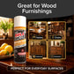 A can of Bull Shot Furniture Polish, ideal for removing dust and fingerprints, is displayed next to tables, chairs, cabinets, and dressers—perfect for cleaning and protecting everyday wood furnishings.