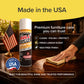 A can of Bull Shot Furniture Polish, a trusted wood cleaner and dust remover, sits by a folded American flag as a hand polishes wood. Features: made in the USA, lemon scent, wax-free finish, and superior protection.