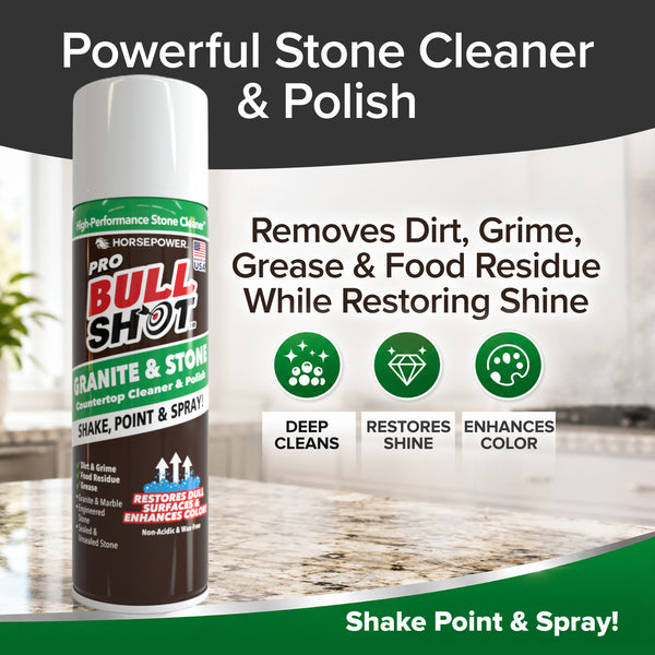 A can of Bull Shot Granite & Stone rests on a countertop. Text highlights its benefits: removes dirt, grime, grease, and food residue—this powerful cleaner restores shine, enhances color, and provides deep cleaning.