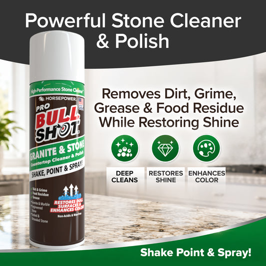 A can of Bull Shot Granite & Stone rests on a countertop. Text highlights its benefits: removes dirt, grime, grease, and food residue—this powerful cleaner restores shine, enhances color, and provides deep cleaning.