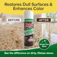 A can of Bull Shot Granite & Stone sits between two countertops—BEFORE (dull, smudged) and AFTER (shiny, clean). Text highlights its streak-free shine, making it the ultimate cleaner to restore granite’s natural beauty.