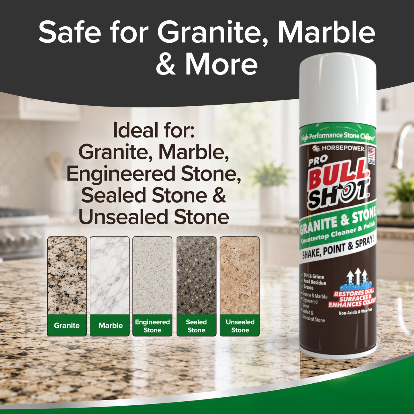 A can of Bull Shot Granite & Stone is shown on a kitchen counter, promoting its safe use as a cleaner for marble, engineered stone, sealed stone, and unsealed stone. Samples of natural stone polish are also displayed.