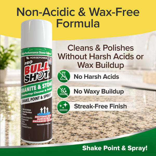 A can of Bull Shot Granite & Stone cleaner sits on a polished countertop. Its non-acidic, wax-free formula delivers a streak-free finish—no harsh acids or waxy buildup. Green and yellow branding highlights this premium stone cleaner.