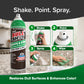 A can of Bull Shot Granite & Stone is shown with four steps: shake, point nozzle, spray, wipe with a cloth. Text reads: “A powerful granite cleaner—restores dull surfaces & enhances color!”.