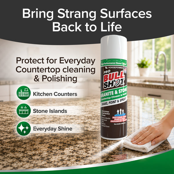A can of Bull Shot Granite & Stone sits on a kitchen counter as a hand wipes the granite, showcasing this cleaner’s ability to clean and polish kitchen counters and stone islands while delivering a lasting shine.