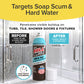 A can of Bull Shot Tub & Tile, a powerful soap scum remover, is shown before (with buildup) and after (clean and sparkling) on a glass shower door, delivering great results with less scrubbing.