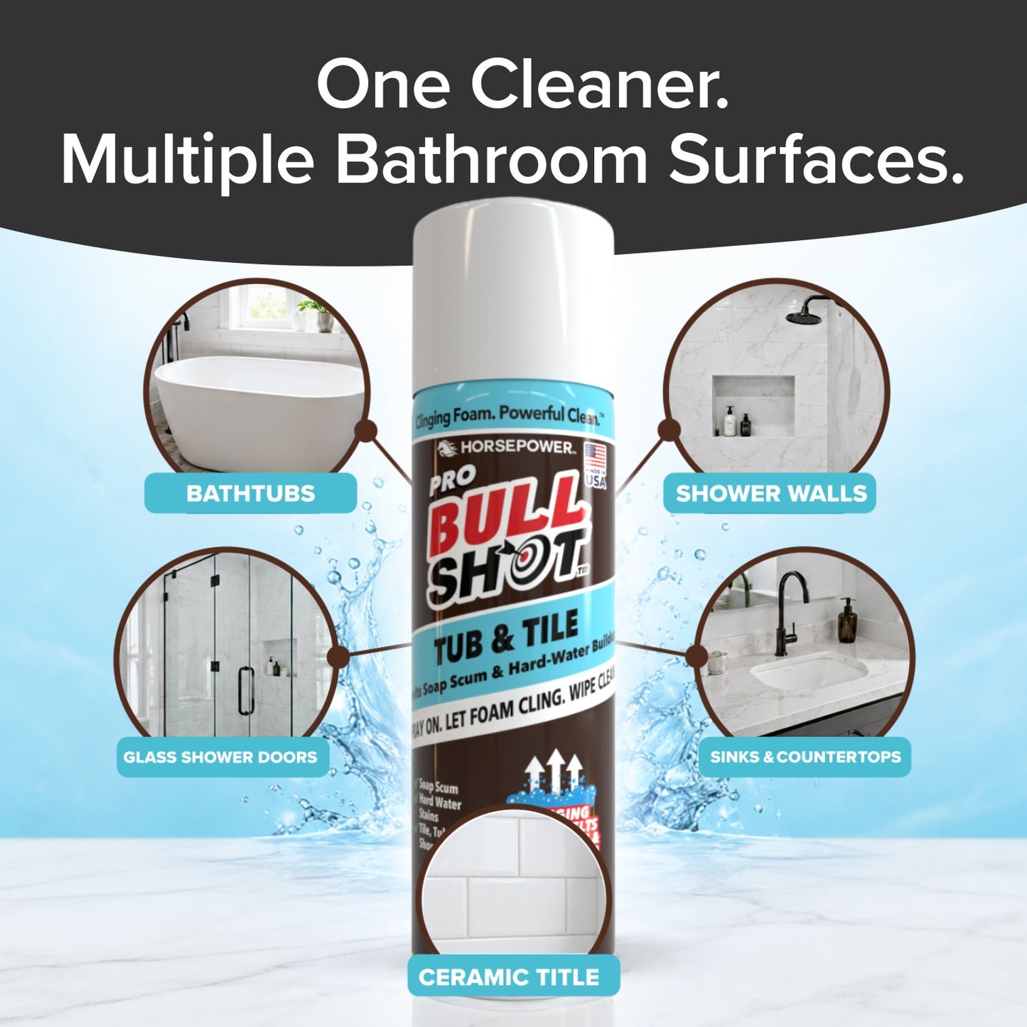A can of Bull Shot Tub & Tile is shown in the center, surrounded by images showcasing its power to remove soap scum from bathtubs, shower walls, glass doors, sinks, and countertops. Text reads: “One Cleaner. Multiple Bathroom Surfaces.”.