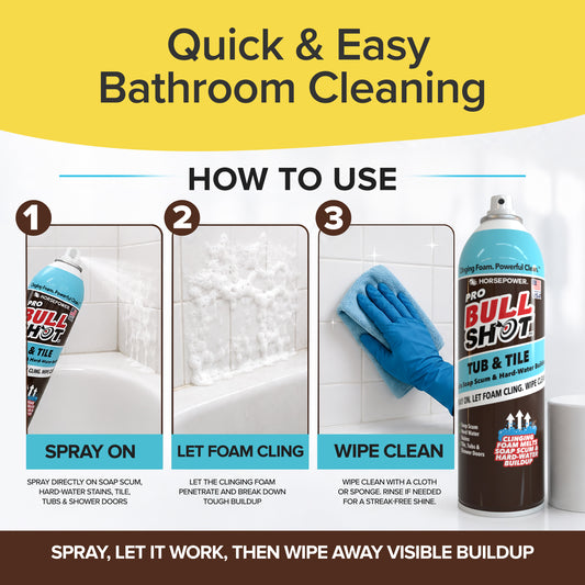 An instructional graphic for Bull Shot Tub & Tile shows three steps: spray cleaner on soap scum, let the foam work, then wipe with a cloth or sponge for a streak-free result.