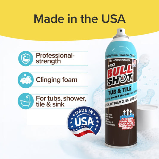 A can of Bull Shot Tub & Tile cleaner delivers professional-strength, clinging foam to remove soap scum from tubs, showers, tile, and sinks. "Made in the USA" is featured prominently at the top and on a circular badge.