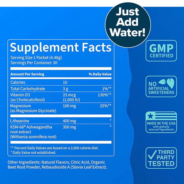 Supplement facts label on a blue background, featuring nutrition details and an ingredient list for Calming Sleep (Includes 30 Packs)—with Magnesium Glycinate and Ashwagandha—plus badges for GMP certified, no artificial sweeteners, made in the USA, third-party tested, and a prominent "Just Add Water!" circle at the top.
