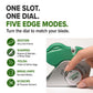 A hand turns the dial on a green and silver knife sharpener labeled Croco Dial. Text reads: One slot. One dial. Five edge modes. This 5-in-1 system lets you match each blade, with icons and descriptions for every mode.