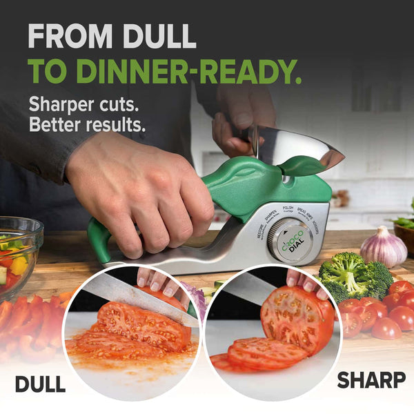 A person sharpens a knife with the Croco Dial green 5-in-1 system. Above: From dull to dinner-ready. Sharper cuts. Better results. Below, images show messy tomato slices (dull) vs clean slices (sharp).