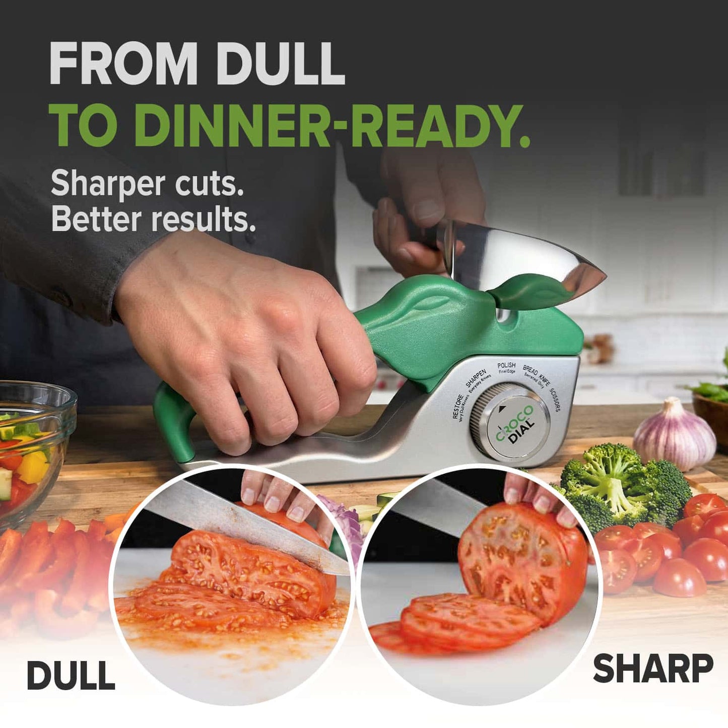A person sharpens a knife with the Croco Dial green 5-in-1 system. Above: From dull to dinner-ready. Sharper cuts. Better results. Below, images show messy tomato slices (dull) vs clean slices (sharp).