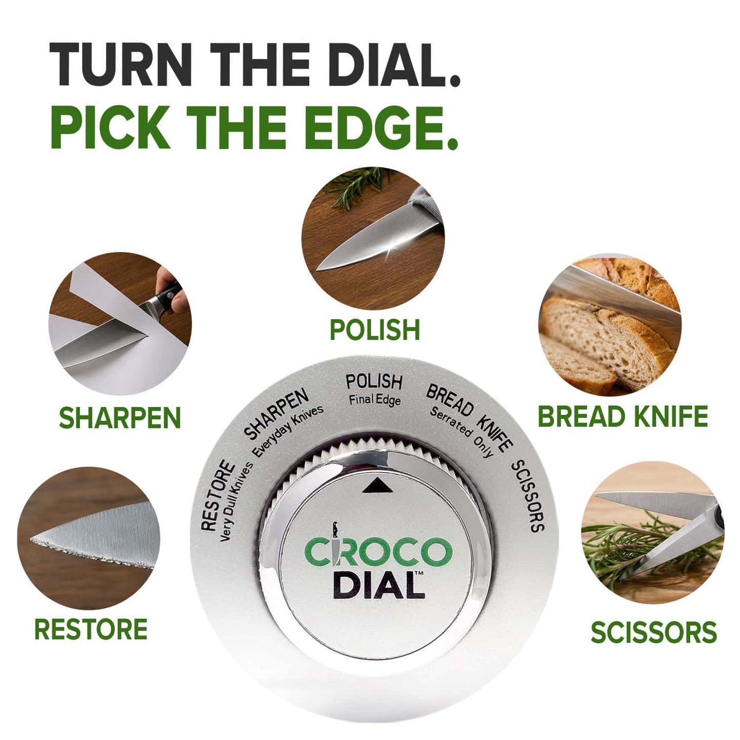 The Croco Dial 5-in-1 sharpening system features a dial with settings for Restore, Sharpen, Polish, Bread Knife, and Scissors. Each setting has an image of the appropriate tool in use above its description.