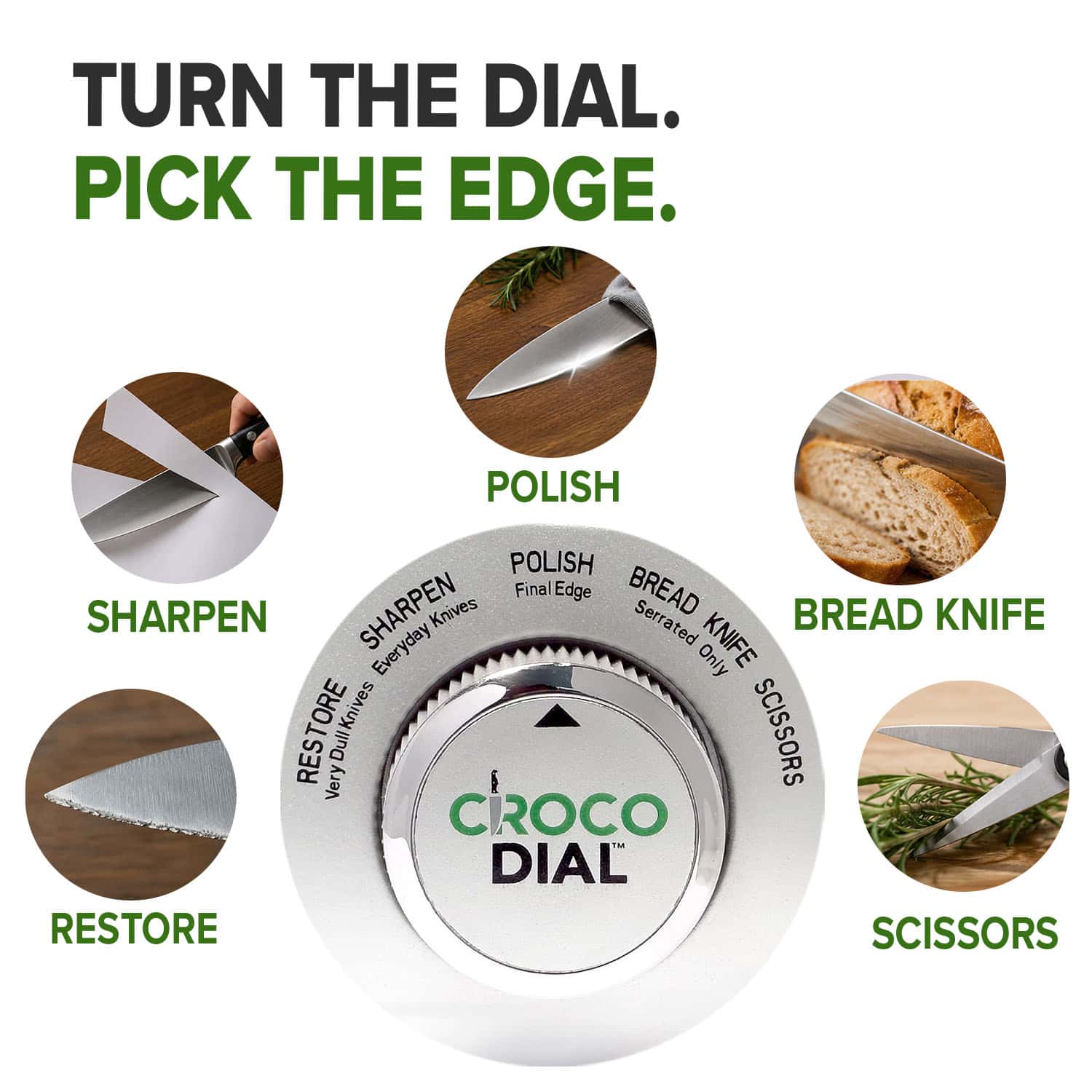 The Croco Dial 5-in-1 sharpening system features a dial with settings for Restore, Sharpen, Polish, Bread Knife, and Scissors. Each setting has an image of the appropriate tool in use above its description.