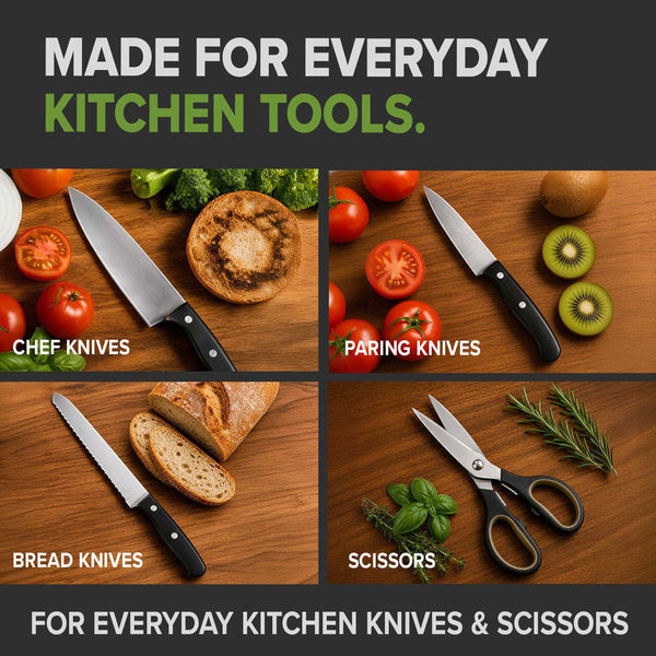 An ad for Croco Dial shows a chef knife slicing tomato, a paring knife with fruit, a bread knife on bread, and scissors with herbs on wood—plus text highlighting the included 5-in-1 sharpening system for everyday convenience.