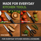 An ad for Croco Dial shows a chef knife slicing tomato, a paring knife with fruit, a bread knife on bread, and scissors with herbs on wood—plus text highlighting the included 5-in-1 sharpening system for everyday convenience.