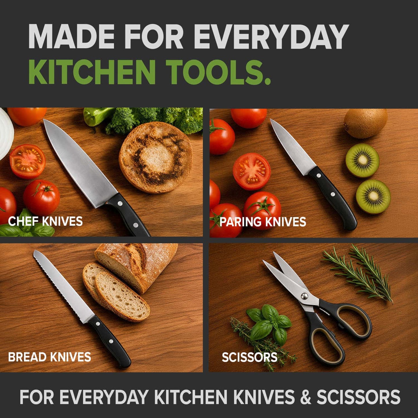 An ad for Croco Dial shows a chef knife slicing tomato, a paring knife with fruit, a bread knife on bread, and scissors with herbs on wood—plus text highlighting the included 5-in-1 sharpening system for everyday convenience.