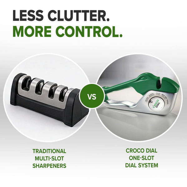 Comparison image: a traditional multi-slot knife sharpener on the left vs. the Croco Dial 5-in-1 sharpening system with green handle on the right. Text reads: Croco Dial—Less clutter. More control.