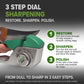 A hand sharpens a knife with the green and silver Croco Dial blade sharpener. Icons and text on a gray background show steps for restoring, sharpening, and polishing knives using this 5-in-1 system.