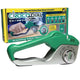 The Croco Dial 5-in-1 knife sharpener in green and silver is shown before its packaging, which showcases its multiple sharpening stages designed to meet various knife-sharpening needs.