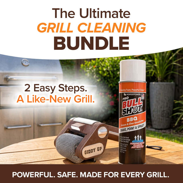 Outdoors, the Horsepower Giddy Up & Bull Shot BBQ Ultimate Grill Cleaning Bundle is shown on a table with a grill and greenery in the background. The text emphasizes easy, safe, and powerful grill cleaning.