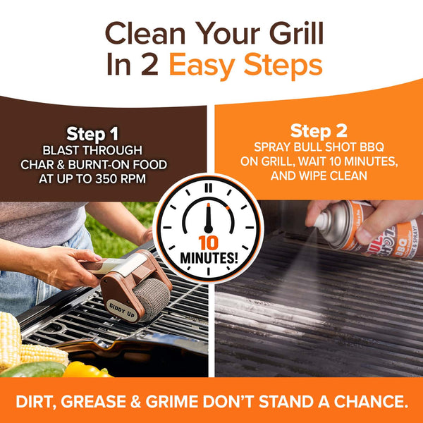 Split image shows two grill-cleaning steps: left, a person uses the Horsepower Giddy Up grill brush; right, a hand sprays Bull Shot BBQ cleaner on grates. Center text says cleaning takes 10 minutes. Banner below highlights powerful dirt removal.