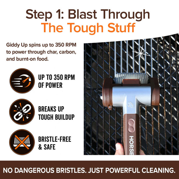 The Horsepower Giddy Up & Bull Shot BBQ Ultimate Grill Cleaning Bundle is shown on a grill grate, highlighting its bristle-free design, 350 RPM spinning power, and safe cleaning that breaks up tough buildup with ease.