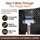 The Horsepower Giddy Up & Bull Shot BBQ Ultimate Grill Cleaning Bundle is shown on a grill grate, highlighting its bristle-free design, 350 RPM spinning power, and safe cleaning that breaks up tough buildup with ease.