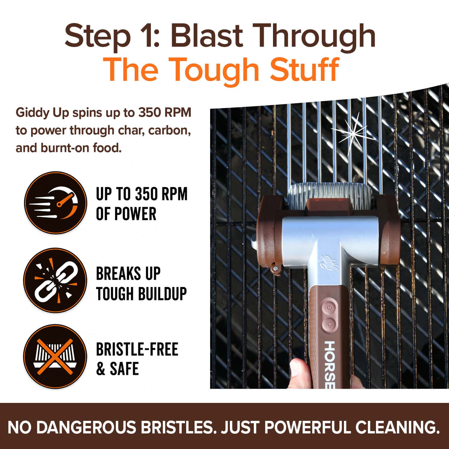 The Horsepower Giddy Up & Bull Shot BBQ Ultimate Grill Cleaning Bundle is shown on a grill grate, highlighting its bristle-free design, 350 RPM spinning power, and safe cleaning that breaks up tough buildup with ease.