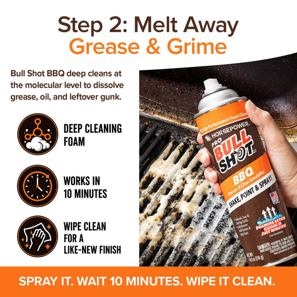 A hand sprays the Horsepower Giddy Up & Bull Shot BBQ Ultimate Grill Cleaning Bundle onto a dirty grate. The deep-cleaning foam dissolves grease in 10 minutes and wipes clean for a like-new finish—ideal with your cordless grill brush.