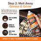 A hand sprays the Horsepower Giddy Up & Bull Shot BBQ Ultimate Grill Cleaning Bundle onto a dirty grate. The deep-cleaning foam dissolves grease in 10 minutes and wipes clean for a like-new finish—ideal with your cordless grill brush.