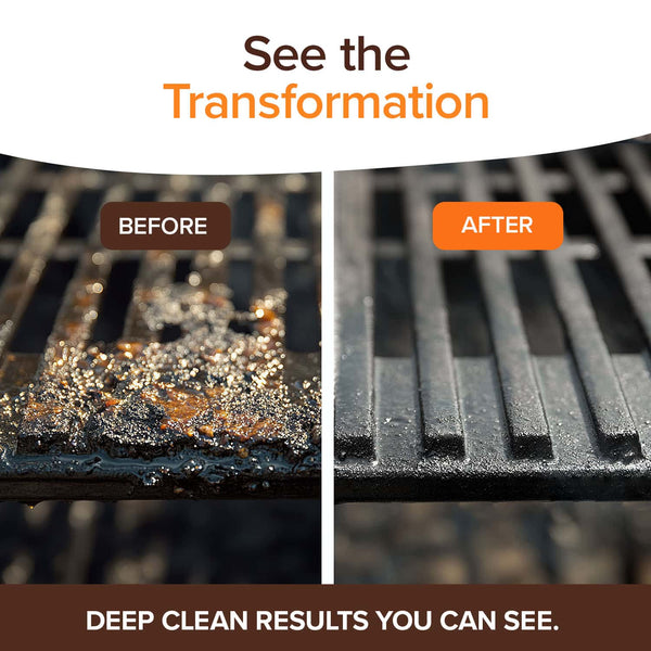 A grill grate is split: the left side is dirty (Before), the right side clean (After). See the transformation with Horsepower Giddy Up & Bull Shot BBQ Ultimate Grill Cleaning Bundle—deep clean results you can see.