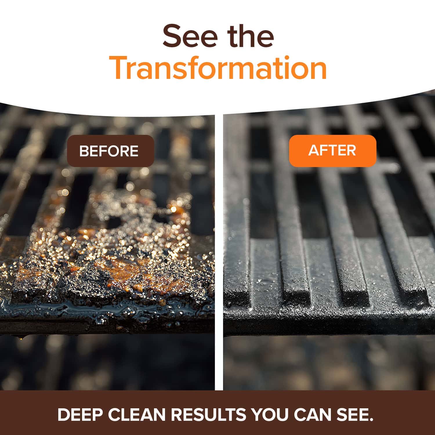 A grill grate is split: the left side is dirty (Before), the right side clean (After). See the transformation with Horsepower Giddy Up & Bull Shot BBQ Ultimate Grill Cleaning Bundle—deep clean results you can see.