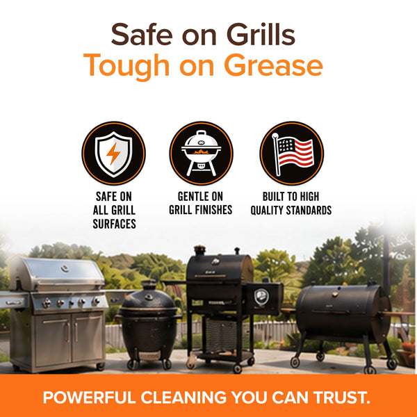 Four grills on a patio with icons and text: Safe on Grills, Tough on Grease—highlighting gentle yet powerful cleaning. Featuring the Horsepower Giddy Up & Bull Shot BBQ Ultimate Grill Cleaning Bundle for top-quality, trusted results.
