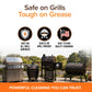 Four grills on a patio with icons and text: Safe on Grills, Tough on Grease—highlighting gentle yet powerful cleaning. Featuring the Horsepower Giddy Up & Bull Shot BBQ Ultimate Grill Cleaning Bundle for top-quality, trusted results.
