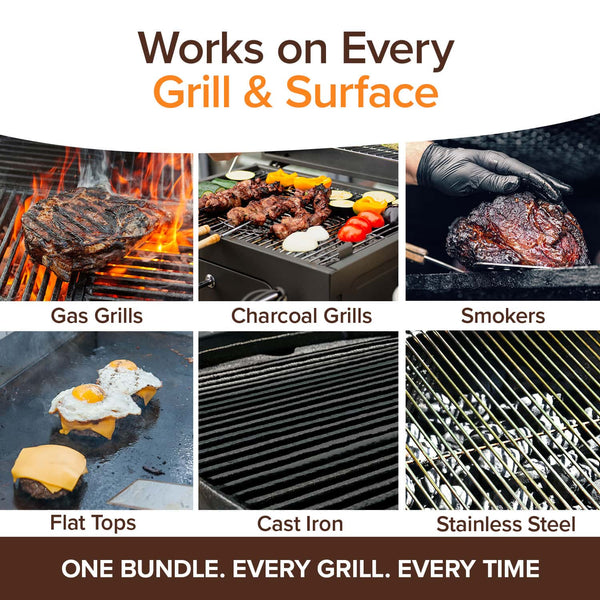 A collage shows grilling: steak on gas, skewers on charcoal, roast in smoker, eggs on flat top, cast iron grill, and stainless grates. Text: “Horsepower Giddy Up & Bull Shot BBQ Ultimate Grill Cleaning Bundle—works on every grill & surface!”.