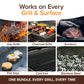 A collage shows grilling: steak on gas, skewers on charcoal, roast in smoker, eggs on flat top, cast iron grill, and stainless grates. Text: “Horsepower Giddy Up & Bull Shot BBQ Ultimate Grill Cleaning Bundle—works on every grill & surface!”.