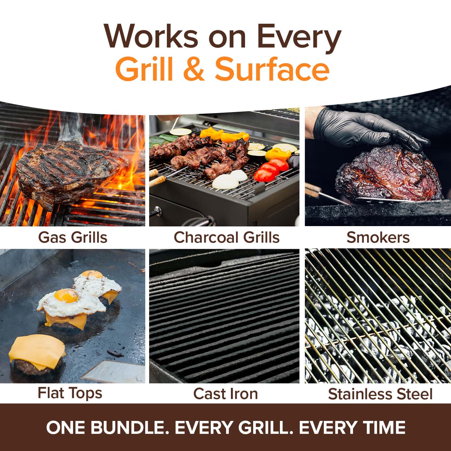 A collage shows grilling: steak on gas, skewers on charcoal, roast in smoker, eggs on flat top, cast iron grill, and stainless grates. Text: “Horsepower Giddy Up & Bull Shot BBQ Ultimate Grill Cleaning Bundle—works on every grill & surface!”.