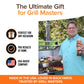 A smiling man stands by a grill holding grilling tools, a cordless grill brush, and Bull Shot seasoning. The Horsepower Giddy Up & Bull Shot BBQ Ultimate Grill Cleaning Bundle is the perfect USA-made gift for any grill master or occasion.