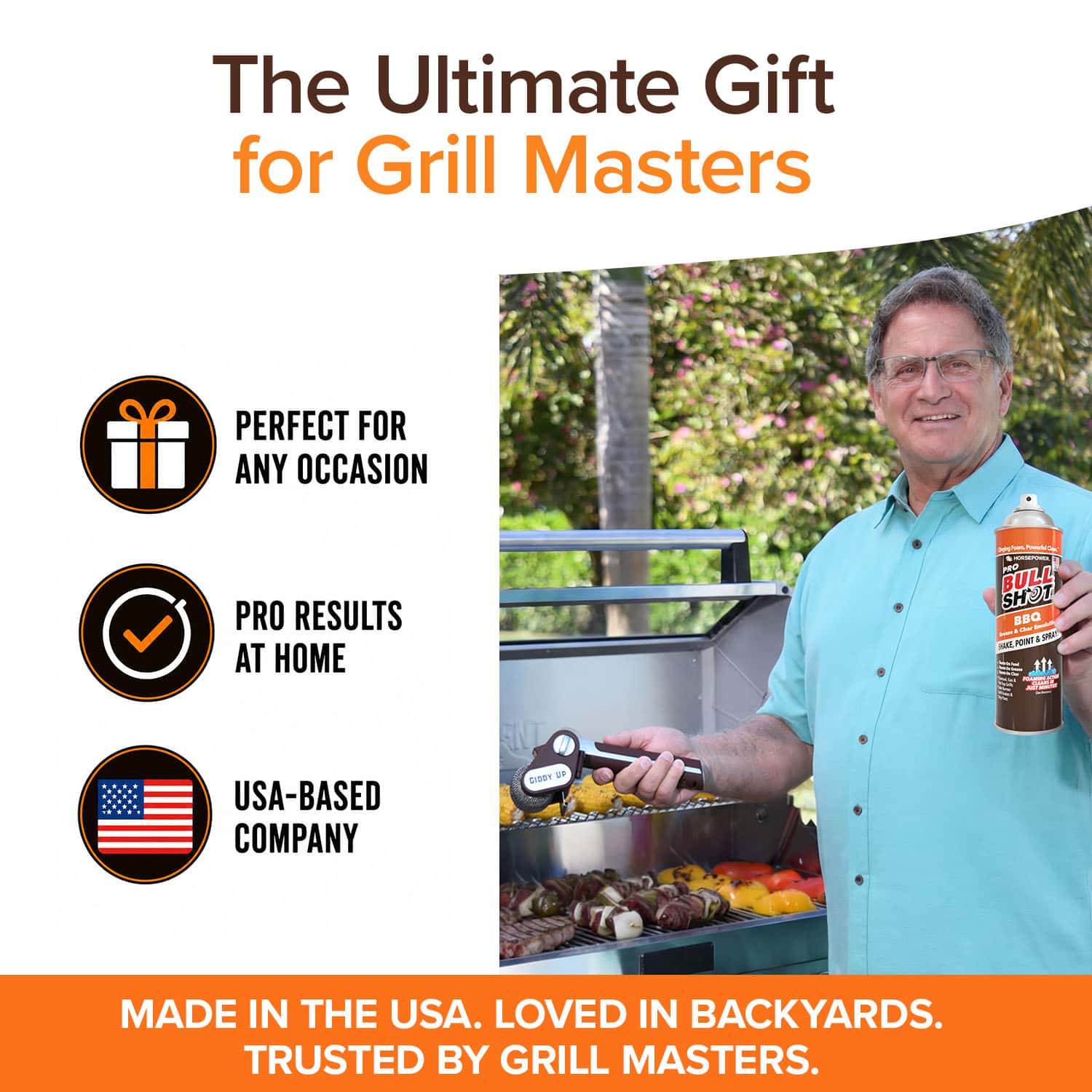 A smiling man stands by a grill holding grilling tools, a cordless grill brush, and Bull Shot seasoning. The Horsepower Giddy Up & Bull Shot BBQ Ultimate Grill Cleaning Bundle is the perfect USA-made gift for any grill master or occasion.