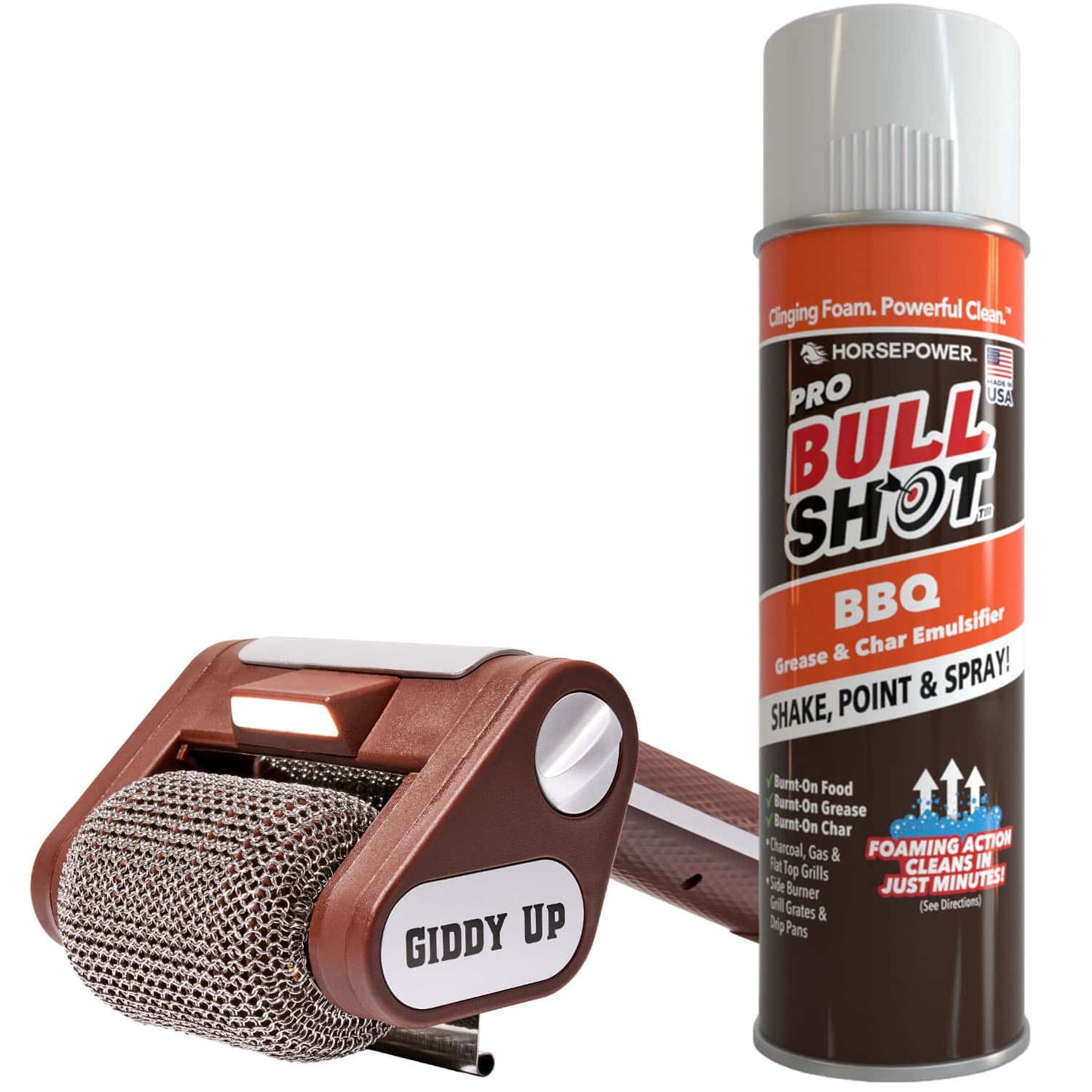 The Horsepower Giddy Up & Bull Shot BBQ Ultimate Grill Cleaning Bundle includes a silver and brown Giddy Up grill cleaner brush with a can of Bull Shot BBQ grease and char emulsifier spray for effortless grill cleaning.