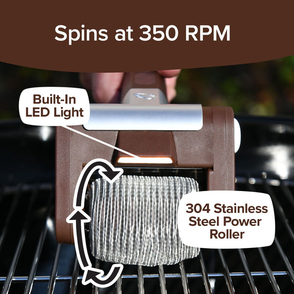 The Horsepower Giddy Up grill cleaning tool features a rotating stainless steel power roller, a built-in LED light, and a 350 RPM speed.