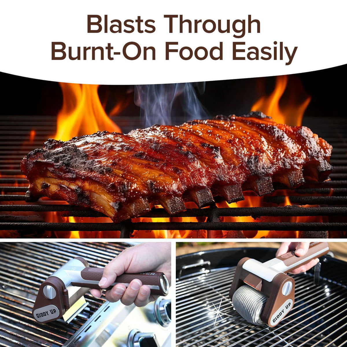 Rack of ribs grilling over flames above a Horsepower Giddy Up text overlay reading Blasts Through Burnt-On Food Easily, with two inset photos of a hand using a rolling grill cleaning tool on grates.